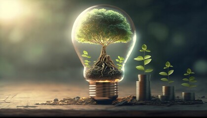 tree growing on coins and light bulb. concept saving money with energy, Generative AI