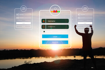 Silhouette man standing with User typing login.sign in page,User profile,Information...