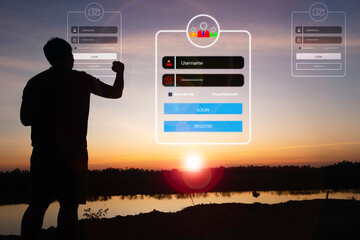 Silhouette man standing with User typing login.sign in page,User profile,Information...