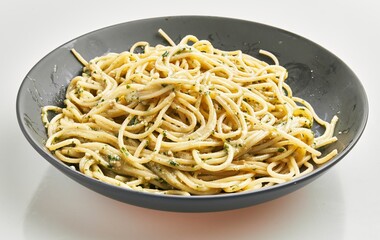  Delicious plate of italian spaghetti pasta with sauce over isolated white background