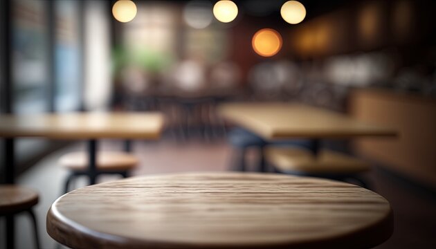 Wooden top table with bokeh light effect and blur korean caffe restaurant on background, blur background , by ai generative