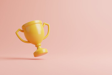 Champion cup, winners trophy floating on pink background with copy space. 3D rendering illustration