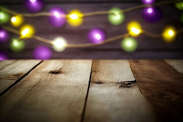 Mardi Gras Celebration on a Wooden Table with Colorful Lights