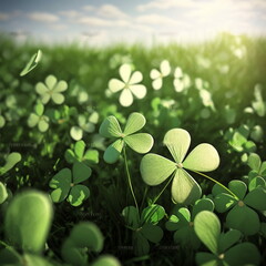 Lucky Four Leaf Clovers in a Field for St. Patrick's Day