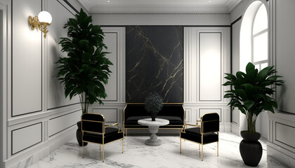 Modern Interior of Lobby or Entryway with Black and White Marble and Gold Black Chairs