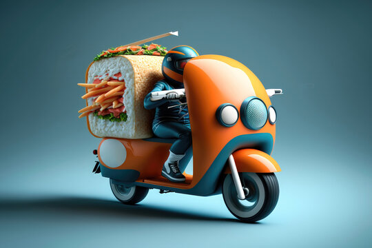 Sushi delivery by scooter. Illustration in 3d style. AI generation