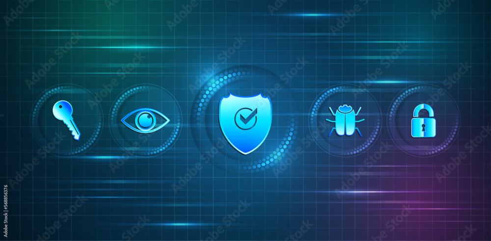 Poster Data protection, privacy, and internet security concept. Hi-tech various background. Cyber security for business and internet projects. Vector illustration of data security services.