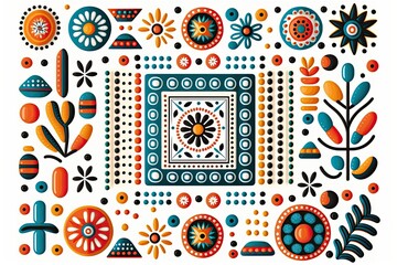 Mexican tribal pattern made from squares, circles, alphabets, poka dots, lines, flowers, and patterns, modern traditional in the white background. minimal boho generative ai