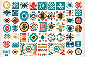 Mexican tribal pattern made from squares, circles, alphabets, poka dots, lines, flowers, and patterns, modern traditional in the white background. minimal boho generative ai