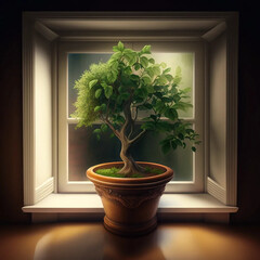 Aesthetic tree in pot next to window obtaining sunlight.