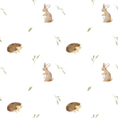 Watercolour seamless pattern with cute rabbits and hedgehog.