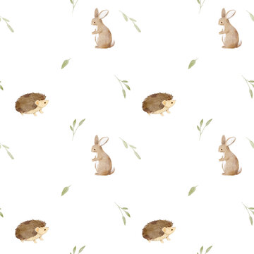 Watercolour seamless pattern with cute rabbits and hedgehog.