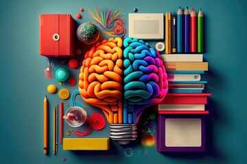Colorful lightbulb brain with books and stationery, education concept, ai generated - obrazy, fototapety, plakaty