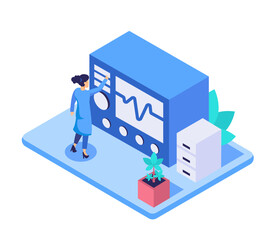 Isometric visual young doctor female looking heart Rate variability in hospital vector illustration