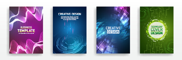 Fototapeta premium Brochure, flyer, book, annual report. Blue hi-tech vector illustrations for business presentations. Futuristic business posters. Technology covers corporate documents. Layout template science designs.