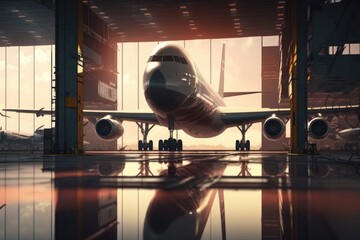 Airplane parking inside the hangar in airport, generative ai