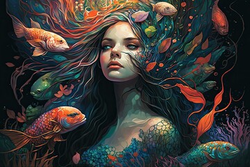 A mermaid with a serene expression and flowing hair, swimming gracefully through a coral reef surrounded by colorful fish.Digital art painting,Fantasy art,Wallpaper. Generative ai.	 - obrazy, fototapety, plakaty