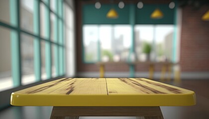 Wooden top table with bokeh light effect in morning and blur restaurant on background, blur background , by ai generative