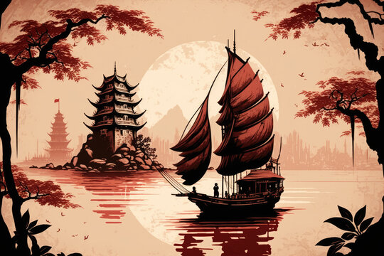 Chinese junk ship sailboat sailing past the Pagoda Chinese painting style, generative ai
