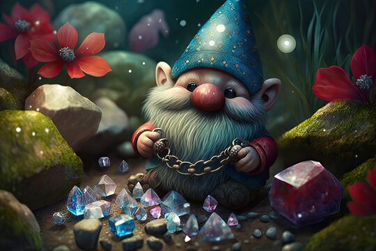 A gnome with a twinkling eye and a mischievous grin, tending to its garden of glittering gems and mushrooms.Digital art painting,Fantasy art,Wallpaper. Generative ai.	