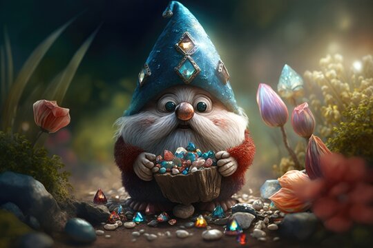 A gnome with a twinkling eye and a mischievous grin, tending to its garden of glittering gems and mushrooms.Digital art painting,Fantasy art,Wallpaper. Generative ai.