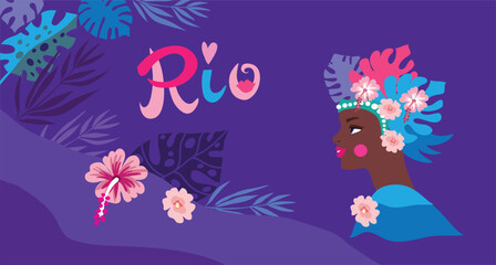 Carnival banner  Rio carnival brazil Pretty women , tropical leaves, beauty girl, flower Vector illustration