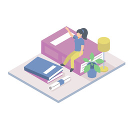 Isometric of Teenagers Learning online concept vector