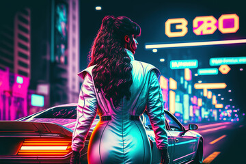 Fototapeta na wymiar A female in white clothes standing behind a white futuristic car with a retro 80s vibe, generative ai