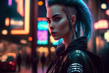 A futuristic punk woman with dark blue hair in a cyberpunk neon city, generative ai