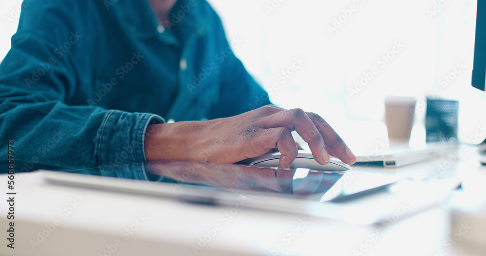 Poster office computer mouse, hands and black man working feedback review of social media, customer experie