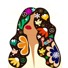 Diosa de la paz, Mujer de paz, Mujer de flores, ilustración ful color, 
