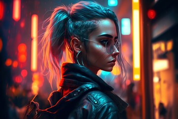 A beautiful woman with white hair and glasses in a futuristic city with neon lights, generative ai