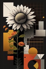 flower made from squares, circles, alphabets, poka dots, lines, flowers, and african patterns, modern architecture in the background. minimal generative ai