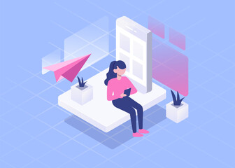 Visual young woman use smartphone send message isometric vector