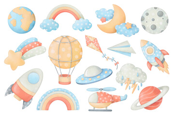 Children's space set illustration. Hand drawn watercolor illustrations