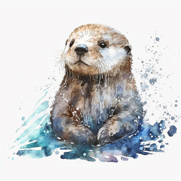 Sea Otter swimming in the water. Watercolor painting. Generative AI