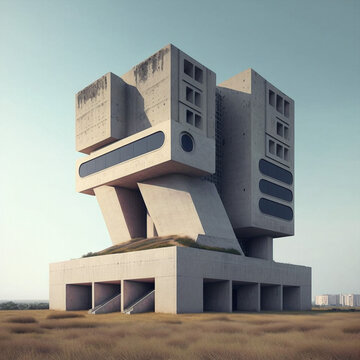 Generative ai brutalist modular concrete geometric modernist building in the desert