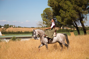 Young and beautiful Spanish woman on a Thoroughbred horse riding in the countryside in Spain. The...