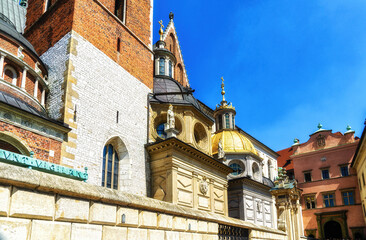 Europe, Krakow, Poland, Sigismund's Chapel Wawel Castle Cathedral Kaplica Zygmuntowska landmark renaissance architecture concept, building side view, golden dome