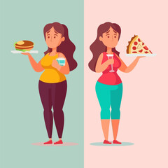 The girls are holding a plate of hamburger and pizza in their hands. Vector stock illustration.