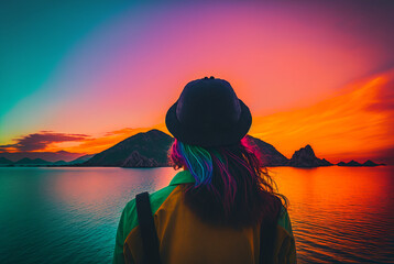 Generative ai male backpacker backview looking at the sea daydreaming