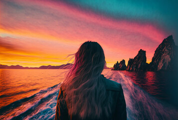 Generative ai male backpacker backview looking at the sea daydreaming