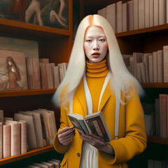 Generative ai portrait beautiful albino woman fashionable posing indoors bookshop looking camera glamorous - obrazy, fototapety, plakaty