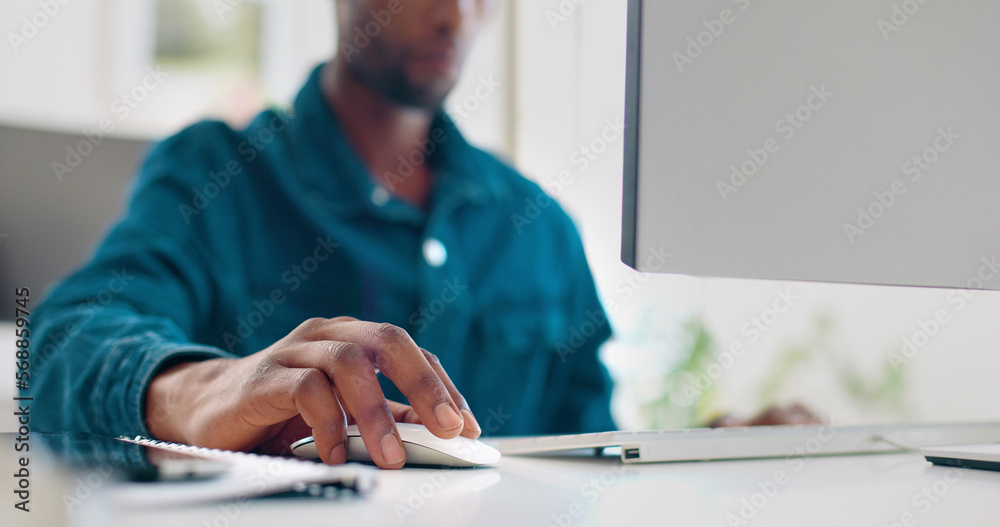 Poster office computer mouse, hands and black man working feedback review of social media, customer experie