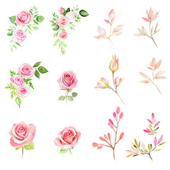Pink floral watercolor elements with alpha - 568859729
