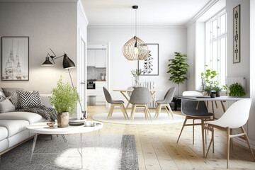 Naklejka na ściany i meble Illustration of the interior design of a modern Scandinavian apartment, living room with beige sofa and dining room, panorama 3d rendering generative AI tools