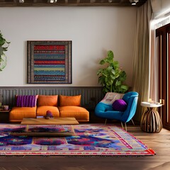 A boho-chic living room with a vibrant woven rug and a mix of patterned throw pillows3, Generative AI