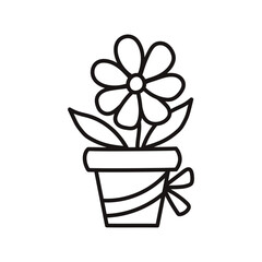 Flower in a pot with ribbon. Eco gift. Cartoon style. Design element. Hand drawn line art vector illustration isolated on white.