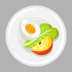 Illustration of plate with food. Healthy eating and diet meal. Fruits, vegetables and proteins for proper nutrition.
