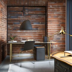 A industrial and masculine home office with a metal desk and a brick accent wall1, Generative AI